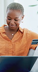 Smile, black woman and laptop with credit card at house for ecommerce, fintech and transaction. Person, reading and pc for online shopping, easy payment and bank information of purchase subscription