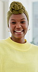 Face, smile and black woman in home, funny and relax with peace, comfort and positive attitude. Happy, laughing and African person in lounge, calm morning and satisfaction for weekend break and cozy