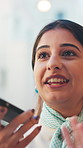 Employee, phone call and woman in city, loudspeaker and digital app for communication. Mobile user, tech and person in street, talking and online chatting with voice memo for reminder and contact