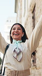 Happy, dancing and businesswoman in city with good news, achievement or finance project approval. Smile, phone and female financial manager with energy for groove for job promotion in urban town.
