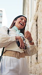 Smile, dancing and businesswoman in city with good news, achievement or finance project approval. Happy, phone and female financial manager with energy for groove with job promotion in urban town.