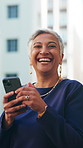 Phone, laugh and face of businesswoman in city with texting, networking or communication on app. Happy, portrait and mature female person with cellphone for online email or contact in urban town.