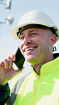 Phone call, talking and man in city for construction, urban planning and communication for project. Architecture, civil engineer and person on cellphone for conversation, chat and supervisor update