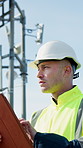Man, engineer and inspection with tablet for renewable energy, maintenance or industrial project. Male person, technician or checking installation with technology or app for system security or safety