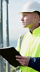 Man, engineer and writing with clipboard for inspection on renewable energy, maintenance or project. Male person, technician or taking notes with checklist or hard hat for system security or safety