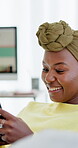Laugh, text and woman in living room with phone, online connection and meme post on social media. Happiness, typing and black person in home with tech, funny message or gif reaction on chat app.
