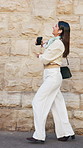 Earphones, dancing and businesswoman in city with good news, achievement or finance project approval. Phone, music and female financial manager with energy for groove for job promotion in urban town.