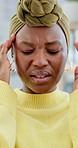 Pain, stress and black woman in home, headache and dizzy with brain fog, burnout and tired. Apartment, anxiety and African person with depression, exhausted and fatigue with strain and migraine
