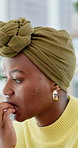 Black woman, stress and biting nails in home with thinking, frustrated and mental health in living room. African person with anxiety, compulsive habit and nervous for decision with ADHD at house