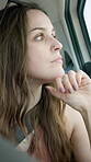 Passenger, thinking or woman by car window for travel, weekend road trip or sightseeing for holiday. Reflection, drive view and calm person in vehicle for journey, perspective and vacation mindset