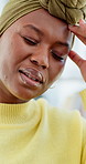 Pain, stress and black woman in lounge, headache and dizzy with brain fog, burnout and tired. Home, anxiety and African person with migraine, exhausted and sick with strain and fatigue with illness