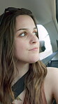 Passenger, thinking or woman in car for travel, weekend road trip or sightseeing for tourism holiday. Reflection, admire view and happy person in vehicle for journey, perspective and vacation mindset