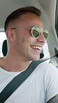 Passenger, thinking or man with sunglasses in car for travel, weekend road trip or sightseeing for tourism holiday. Reflection, view or happy person in vehicle for journey, shades or vacation mindset