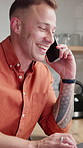 Happy man, talking and phone call on break in kitchen, home and communication with contact and chat. Laughing, person and gossip with mobile on weekend, humor and funny conversation with technology
