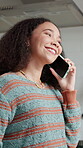 Woman, laughing and phone call on break in kitchen, discussion or communication with contact in home. Happy, person and talking with mobile in house, humor and funny conversation with technology