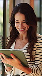 Window, typing and happy woman on tablet for remote work with online article, copywriting and research. Home, wfh and person on digital tech for freelance writer with review, story pitch or feedback