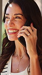 Phone call, happy and woman in home with communication, gossip or advice with funny story. Laugh, window and female person with cellphone on mobile discussion for contact in apartment for relax.