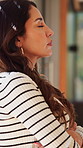 Woman, relax and breathing for meditation at house for zen, spiritual healing and holistic balance. Thinking, mature person and inhale exercise for inner peace, mindfulness practice and stress relief
