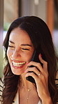 Phone call, laugh and woman in home with communication, gossip or advice with funny story. Happy, window and female person with cellphone on mobile discussion for contact in apartment for relax.