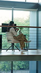 Relax, coffee and woman in home office for remote work with freelance corporate career. Walking, balcony and female financial manager by desk with warm beverage in morning for investment project