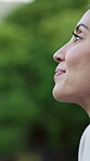 Thinking, smile and relax with woman outdoor for mindset, reflection and calm in morning. Perspective, mindfulness and planning with mature person in backyard of home for inspiration and peace