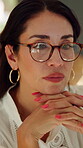 Businesswoman, thinking and online with glasses in office, publisher or planning for book marketing. Creative, eyewear and mature person with publishing decision, serious and reflection on ad budget