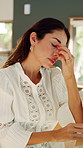 Woman, eye strain and computer with remote work from home with glasses, frustrated and fatigue for proposal. Mature person, virtual assistant and headache with pc, report and freelancer at apartment