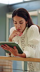 Thinking, business and woman with tablet at house for research, proofreading and remote work. Mature person, freelancer and digital with draft update, headline ideas and review article for submission