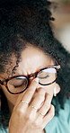 Business, woman and glasses with eye strain in office from stress, vision fatigue and wrong lens. Female person, discomfort and pc with eyewear, blurred eyesight and vertigo from prescription mistake