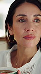Woman, coffee and smile with thinking in home with flavor for reflection, memory or break in lounge. Mature person, chill and relax in living room for perspective, beverage or drink with cup in house