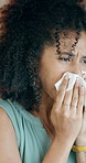 Sneeze, business and woman in office, tissue and allergy with flu season, sick and health risk. Person, employee and professional in workplace, disease and blowing nose with toilet paper and virus