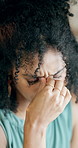 Business, woman and discomfort of eye strain in office from stress, vision fatigue and wrong lens. Tired, female person and pc with glasses, blurred eyesight and vertigo from prescription mistake