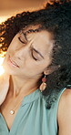 Stress, tension and woman with neck pain in home for muscle cramp, stiffness and pinched nerve. Discomfort, african person and joint strain in house with massage inflammation, poor posture and flare