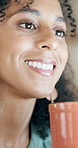 Business, coffee and woman in office, smile and positive mindset with advertising agency. Happy person, creative and professional in workplace, herbal tea and cup for espresso, marketing and funny