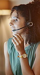 Call center, night or woman in office with headset, order processing or customer outreach in online store. Telemarketing, mic or agent with tech, lead generation or delivery tracking in evening shift