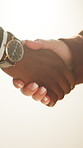 Business, agreement or people handshake with offer for partnership, negotiation deal and welcome. Meeting, investors and shaking hands on white background for collaboration, investment and thank you