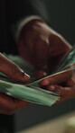 Counting, dollar and payment with cash and hands for money laundering, crime and bribery payout. Interest rate, corruption and cashback fraud with person for profit, settlement deal and notes
