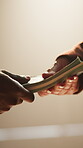 Counting, deal and payment with cash and hands for money laundering, crime and bribery payout. Interest rate, corruption and cashback fraud with people for profit, settlement loan and notes exchange
