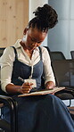 Writing, notes and woman with phone in seminar, research and planning for training session or speech. Black person, serious and preparing for presentation with journal, search and ideas on mobile app