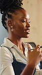 Woman, practice and talk with note in seminar, planning and preparing for training session or speech. Serious, black person and rehearsal for presentation with reminder and public speaking with info
