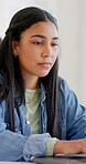 High school, research or student in classroom with laptop, quiz knowledge or internet search on assignment. Education, girl or teenager with tech, learning or info gathering in assessment preparation