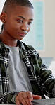 High school, research or teenager in class with laptop, exam knowledge or internet search for assignment. Education, child or student with tech, learning or information gathering in assessment prep.
