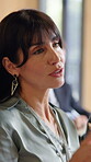 Question, audience and talking with business woman in workshop for seminar, faq session and feedback. Tradeshow, discussion and answer with mature employee at conference for event, meeting and crowd