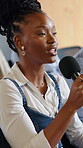 Question, audience and microphone with business woman in workshop for seminar, faq session and feedback. Tradeshow, discussion and answer with people at convention for event, meeting and crowd