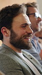 Businessman, crowd and applause at conference with celebration, announcement or goals at creative agency. People, excited and happy for success, achievement and talk with audience at convention