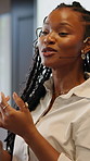 Black woman, talk and presentation speaker in office for discussion, training and finance event. Female person, presenter and public speaking for coaching, upskill development and investment briefing