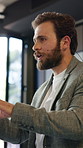 Conference, business and man with mic for presentation, investor workshop and skills training. Meeting, speaker and people in seminar, convention or finance coaching for company development in office