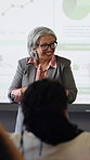Presentation, applause and businesswoman in office for training on finance report with statistics. Graphs, clapping hands and mature financial manager at corporate seminar for investment proposal.