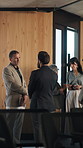 Business, men and talking at conference event for networking, interaction and job opportunity. People, discussion and corporate seminar for recruitment convention, talent acquisition and partnership