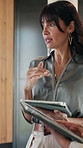Business, advice or woman at conference with tablet, discussion or feedback at workshop. Collaboration, insight or mature employee with tech, b2b opportunity or growth guidance at corporate event